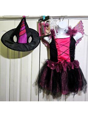 Unicorn Witch Costume Girls 8-10 Tutu Dress Hat Wings Tail Fairy Wand Halloween